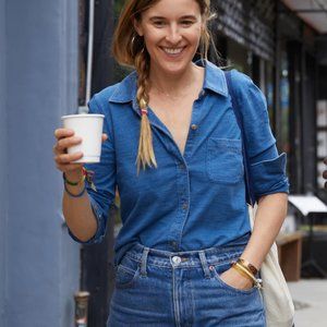 Faherty Sunwashed Knit blue cozy button up shirt in Indigo